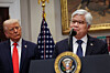 U.S. President Donald Trump listens to C.C. Wei, chairman and CEO of Taiwan Semiconductor Manufacturing Company (TSMC), as they make an announcement about an investment from TSMC in the Roosevelt Room at the White House in Washington on March 3, 2025. [REUTERS/YONHAP]