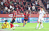 Jeong Jae-hee, center, celebrates after scoring a double for the Pohang Steelers at Pohang Steelyard in Pohang, North Gyeongsang on Wednesday as they defeated FC Seoul 5-1 to reach the semifinals of the Korea Cup. [YONHAP]
