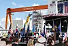 Hanwha Group Vice Chairman Kim Dong-kwan delivers a welcome address at a ship-naming ceremony held at Hanwha Philly Shipyard in Philadelphia on Aug. 26, attended by President Lee Jae Myung, Pennsylvania Governor Josh Shapiro and other officials. [HANWHA]