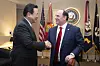 U.S. Secretary of the Navy John Phelan, right, shakes hands with Korean Ambassador to the United States Cho Hyun-dong in Washington on April 24. [YONHAP]
