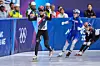 Kim Gil-li, left, celebrates after the short track speed skating women's 1,500 meters final at the 2026 Milan-Cortina Winter Olympics in Milan on Feb. 20. [AP/YONHAP]
