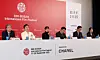 The cast and director of film ″No Other Choice″ attend the film's press conference held at the Busan Cinema Center in Haeundae District on Sept. 17. From left are director Park Chan-wook, actors Lee Byung-hun, Son Ye-jin, Park Hee-soon, Lee Sung-min and Yeom Hye-ran. The film was selected as the opener for this year's Busan International Film Festival. [SONG BONG-GEUN]