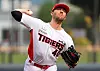 The Kia Tigers' James Naile throws a ball during a practice game against Sangmu Phoenix at Gwangju-Kia Champions Field in Gwangju on Oct. 9. [YONHAP]