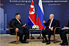 In this footage released by Pyongyang's state-controlled Korean Central Television, North Korean leader Kim Jong-un, left, talks with Russian President Vladimir Putin at the Vostochny Cosmodrome spaceport in the Russian Far East on Sept. 13. [YONHAP]