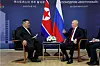 In this footage released by Pyongyang's state-controlled Korean Central Television, North Korean leader Kim Jong-un, left, talks with Russian President Vladimir Putin at the Vostochny Cosmodrome spaceport in the Russian Far East on Sept. 13. [YONHAP]