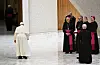 Pope Francis, far left, walks to meet with performers of the living Nativity scene of the Saint Mary Major Basilica at the Vatican on Dec. 16, 2023. [EPA/YONHAP]