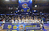 Asan Woori Bank Woori Won players celebrate winning the 2023-24 WKBL Championship at Asan Yi Sun-sin Gymnasium in Asan, South Chungcheong on Saturday. [NEWS1]