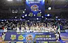 Asan Woori Bank Woori Won players celebrate winning the 2023-24 WKBL Championship at Asan Yi Sun-sin Gymnasium in Asan, South Chungcheong on Saturday. [NEWS1]