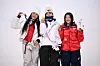Silver medallist United States' Chloe Kim, left, gold medallist Korea's Choi Ga-on, center, and bronze medallist Japan's Mitsuki Ono celebrate on the podium after the snowboard women's halfpipe final during the Milano Cortina 2026 Winter Olympic Games at Livigno Snow Park, in Livigno (Valtellina), on Feb. 12. [AFP/YONHAP]
