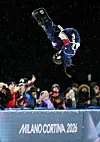 Chloe Kim of the United States in action during the first run of the Women's Snowboard Halfpipe final at the Milano Cortina 2026 Olympics in Livigno, Italy, on Feb. 12. [REUTERS/YONHAP]