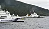 China Coast Guard vessel No. 2502 sails near a Japan Coast Guard vessel Motobu off Uotsuri Island, one of a group of disputed islands called Senkaku Islands in Japan, also known in China as the Diaoyu Islands, in the East China Sea on April 27, 2024, in this photo released by Kyodo. [REUTERS/YONHAP]