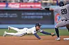 Los Angeles Dodgers second baseman Kim Hye-seong dives to force out New York Yankees' Austin Wells at second after Kim catches a ball hit by Jorbit Vivas that caught Wells off base during the third inning of an MLB game in Los Angeles on May 31. [AP/YONHAP]