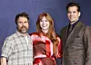 From left, actors Sam Rockwell, Bryce Dallas Howard and Henry Cavill pose for photos during a press conference for the upcoming spy action film ″Argylle″ at the Four Seasons Hotel in Jung District, central Seoul, on Thursday. [NEWS1]