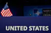 The flag of the United States is fixed in the conference hall ahead of the upcoming NATO summit in The Hague, Netherlands on June 23. [AP/YONHAP]