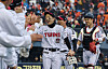 Park Hae-min, center, and other Twins players celebrate after their 8-2 victory over the Eagles in Game 1 of the 2025 Shinhan SOL Bank KBO Korean Series at Jamsil Baseball Stadium in Seoul on Oct. 26. [NEWS1]
