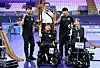 Jeong Ho-won, front left, and Kang Sun-hee celebrate after winning the mixed pairs BC3 semifinals against Argentina on Wednesday at the 2024 Paris Paralympic Games in Paris. [YONHAP]