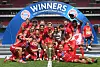 Bayern Munich celebrate with the Champions League trophy following their victory over Paris Saint-Germain in the final in Lisbon, Portugal on Aug. 23, 2020. [XINHUA/YONHAP]