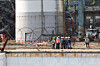 Officials inspect the remaining Boiler Tower Units 4 and 6 to work on the demolition process at the Ulsan Thermal Power Plant on Nov. 9. [YONHAP]