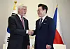 President Lee Jae Myung, right, and Czech President Petr Pavel shake hands ahead of the first bilateral summit at the UN headquarters in New York on Sept. 23. [JOINT PRESS CORPS]