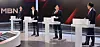 From left, People Power Party presidential candidates Ahn Cheol-soo, Han Dong-hoon, Kim Moon-soo and Hong Joon-pyo engage in conversation before the second presidential primary debate at the Maekyung Media Center in Jung District, central Seoul, on April 26. [YONHAP]