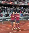 Cho Gue-sung, left, and Han-beom celebrate in a video posted on FC Midtjylland's official X account on Sunday. [SCREEN CAPTURE]