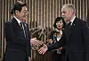 Korean President Lee Jae Myung, left, shakes hands with Canadian Prime Minister Mark Carney before a meeting at the G7 summit in Kananaskis, Alberta, Canada, on June 17 [AP/YONHAP]