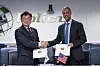 Cho Chang-rae, South Korea's deputy defense minister for policy, shakes hands with Vipin Narang, principal U.S. deputy assistant secretary of defense for space policy, after signing a framework document on the Nuclear Consultative Group at the Pentagon in Washington on Feb. 12. [DEFENSE MINISTRY]