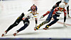 Choi Min-jeong, left, competes during the mixed team relay semifinal at the ISU Short Track World Tour speed skating event in Gdansk, Poland on Nov. 21. [XINHUA/YONHAP]