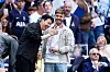 Tottenham Hotspur's Son Heung-min, left, and James Maddison, right, pitch side ahead of the English Premier League soccer match between Tottenham Hotspur and Brighton and Hove Albion at the Tottenham Hotspur Stadium, London on May 25. [AP/YONHAP]