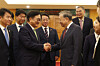 National Assembly Speaker Woo Won-shik, left, shakes hands with To Lam, general secretary of Vietnam's Communist Party, in Hanoi on Nov. 21. [NATIONAL ASSEMBLY]