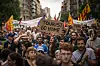 Demonstrators march shouting slogans against the Formula 1 Barcelona Fan Festival in downtown Barcelona, Spain, on June 19, 2024. [AP/YONHAP]
