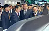 Polish President Andrzej Sebastian Duda (second from right) visits Hanwha's exhibition booth at this year's International Defence Industry Exhibition in Kielce, Poland. The president is accompanied by Hanwha Ocean Vice President Jeong Seung-kyun (second from left) and Hanwha Aerospace CEO Son Jae-il (first from right). [HANWHA OCEAN]