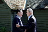 South Korean President Yoon Suk Yeol, left, and former U.S. President Joe Biden greet eachother at the Camp David presidential retreat in Maryland on Aug. 18, 2023. [PRESIDENTIAL OFFICE]