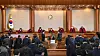The eight justices of the Constitutional Court bow before taking their seats at the 11th and final hearing of President Yoon Suk Yeol's impeachment trial in Jongno District, central Seoul, on Feb. 25. [JOINT PRESS CORPS]