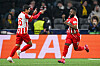 Red Star Belgrade fullback Seol Young-woo, left, celebrates during a Champions League match against Young Boys at Wankdorf Stadium in Switzerland on Jan. 30. [AFP/YONHAP]