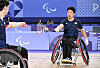 Badminton players Jeong Jae-gun, right, and Yu Soo-young celebrate during the men's doubles final at the 2024 Paris Paralympic Games against Mai Jianpeng and Qu Zi Mo of China in Paris on Sunday. [NEWS1]