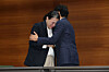 MBC President Ahn Hyeong-jun, right, hugs Jang Yeon-mi, mother of late weathercaster Oh Yoanna, during a press conference at MBC’s Golden Mouse Hall in Mapo District, western Seoul, on Oct. 15. Oh took her own life after alleging workplace bullying. [NEWS1]