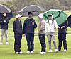 Hyundai Motor Group Executive Chair Euisun Chung, far right with a green umbrella, with Donald Trump Jr., center with a black hat, along with his daughter, golfer Kai Trump, and golf star Rory McIlroy during a pro-am event of the Genesis Invitational of the PGA Tour at the Torrey Pines Golf Course in San Diego, California, on Feb. 13. [JOONGANG ILBO]