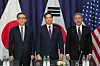 South Korean Foreign Minister Cho Tae-yul, left, poses for a commemorative photo with U.S. Secretary of State Marco Rubio, center, and Japanese Foreign Minister Takeshi Iwaya during their trilateral meeting on the sidelines of the Munich Security Conference in Germany on Feb. 15. [MINISTRY OF FOREIGN AFFAIRS]