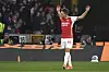 Arsenal's Leandro Trossard celebrates after scoring his side's opening goal during a Premier League match between Wolverhampton Wanderers and Arsenal at the Molineux in Wolverhampton, England on April 20. [AP/YONHAP]