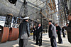 North Korean leader Kim Jong-un, center, visits a major shipyard to inspect the progress in building a nuclear-powered submarine in a photo carried by North Korea's official Rodong Sinmun on March 8. [YONHAP]