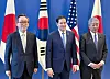 Korean Foreign Minister Cho Tae-yul, left, U.S. State Secretary Marco Rubio, center, and Japanese Foreign Minister Takeshi Iwaya pose for a photograph before their gathering at NATO headquarters in Brussels in April. [YONHAP]