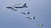 Korea, the United States and Japan conduct a joint aerial exercise Tuesday involving a U.S. nuclear-capable B-52H bombers in an area where the air defense identification zones (ADIZ) between Korea and Japan, southeast of Jeju Island, overlap, on April 2, 2024, in a photo released by Seoul’s Defense Ministry on Wednesday. The latest trilateral aerial drill was in an apparent show of force against North Korea. [DEFENSE MINISTRY]