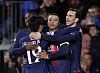 Paris St Germain's Kylian Mbappe celebrates scoring their second goal with Lee Kang-in, Ousmane Dembele and Fabian Ruiz at the Anoeta Stadium in San Sebastian, Spain on Tuesday. [REUTERS/YONHAP]