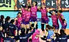 The Heungkuk Life Insurance Pink Spiders celebrate after winning a 2023-24 V League game against the Daejeon Jung Kwan Jang Red Sparks 3-0 at Incheon Samsan World Gymnasium in Incheon on Tuesday. [YONHAP]