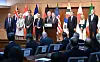First Vice Foreign Minister Kim Hong-kyun, center, speaks about the launch of the Multilateral Sanctions Monitoring Team (MSMT) in a press conference at the foreign ministry in Seoul, together with U.S. Deputy Secretary of State Kurt Campbell, fifth from left, Vice Foreign Minister Masataka Okano, seventh from left, and the ambassadors of participating countries on the MSMT, in this photo taken Oct. 16, 2024. [JOINT PRESS CORPS]