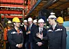 Hanwha Group Vice Chairman Dong Kwan Kim, first from right, introduces the ship block assembly plant at Hanwha Ocean’s Geoje shipyard to U.S. Secretary of the Navy John Phelan, second from right, on April 30. [HANWHA OCEAN]