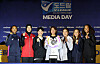 From left: Reina Tokoku of the Heungkuk Life Insurance Pink Spiders, Megawati Hangestri Pertiwi of the Daejeon Jung Kwan Jang Red Sparks, Wipawee Srithong of Suwon Hyundai Engineering & Construction Hillstate, Thanacha Sooksod of Gimcheon Korea Expressway Hi-Pass, Pornpun Guedpard of the Hwaseong IBK Altos, Iris Tolenada of GS Caltex Seoul Kixx and Mar-jana Phillips of the Gwangju AI Peppers pose for a photo during a media day at Hotel Riviera in southern Seoul on Oct. 12. [NEWS1]