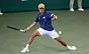 Kwon Soon-woo returns the ball during a match against Belgium's David Goppang during the final round of the 2023 Davis Cup at the Olympic Park Indoor Tennis Court in eastern Seoul on Feb. 5, 2023. [NEWS1]