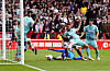 Wolverhampton Wanderers' Matheus Cunha, second from right, scores his side's second goal during a Premier League match against Nottingham Forest at the City Ground, in Nottingham, England on Saturday. [AP/YONHAP]